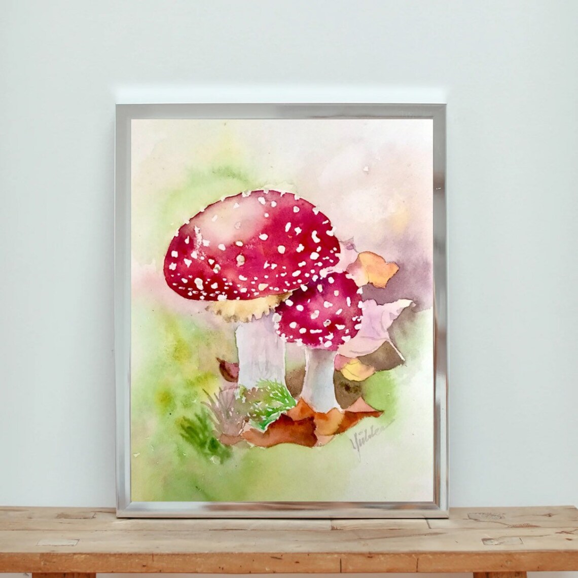 Red Fly Agaric Mushrooms in a Whimsical Nature Watercolor Poster - Image 2