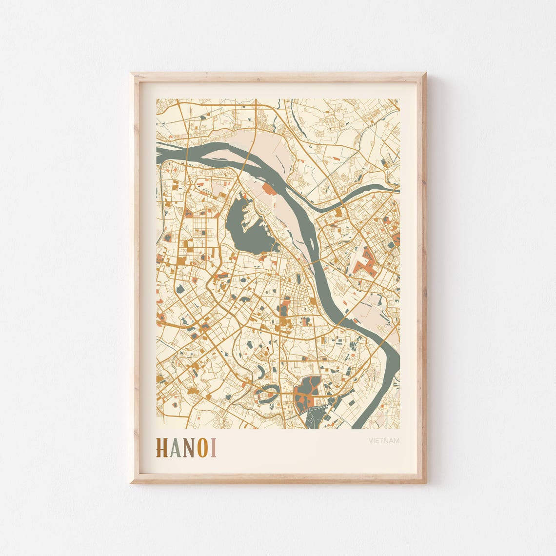 Hanoi Vietnam City Map Poster Boho Warm River Street Plan Decor