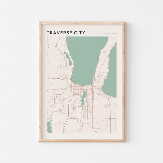 Traverse City Michigan Street Map Poster in Warm Brown Sage and Cream Tones