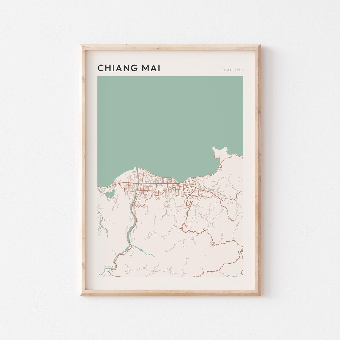 Chiang Mai Thailand Map Sage Green Scandi Minimalist Travel Gift Poster