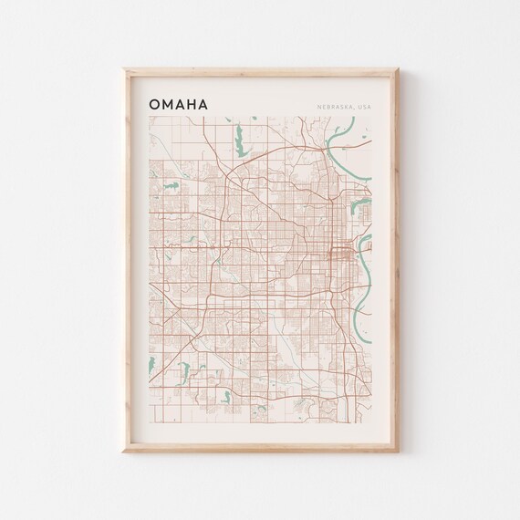 Omaha Nebraska Street Map Poster in Warm Brown Sage and Cream Tones