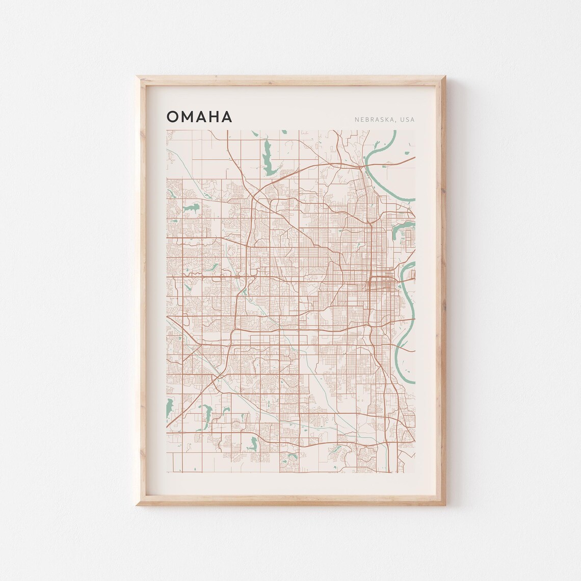 Omaha Nebraska Street Map Poster in Warm Brown Sage and Cream Tones