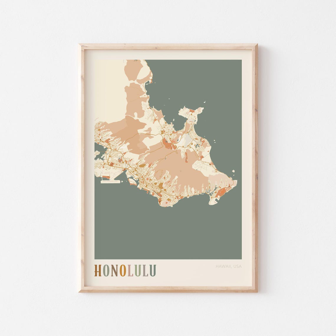 Honolulu Hawaii Colorful Retro Island Map Poster Boho Wall Decor