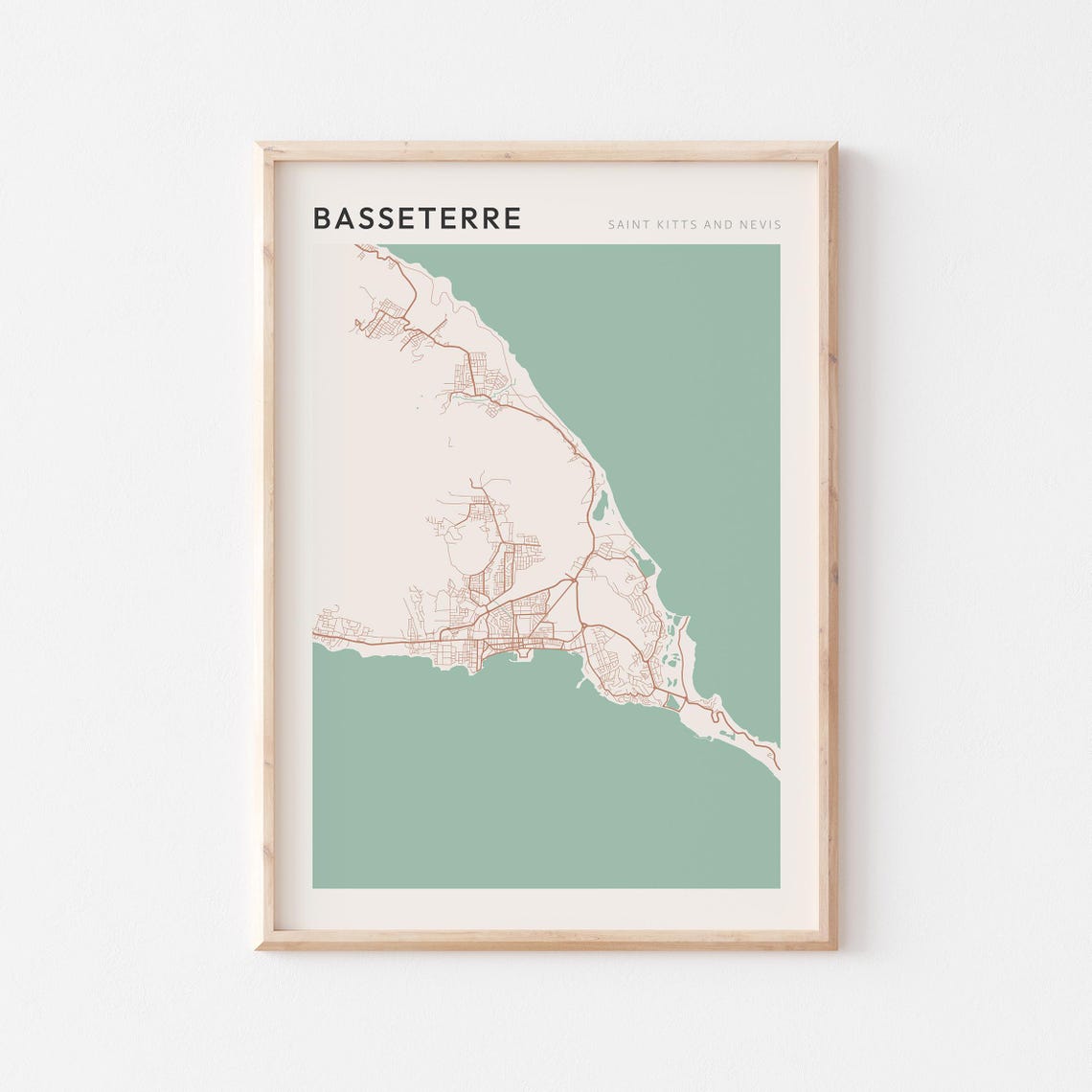 Basseterre Saint Kitts Minimalist Sage Green Island Map Travel Poster