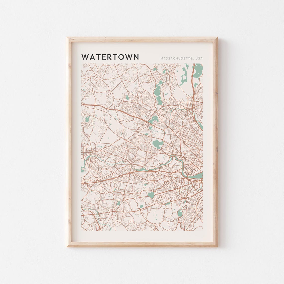 Watertown Massachusetts Modern Minimalist City Street Map Art Poster