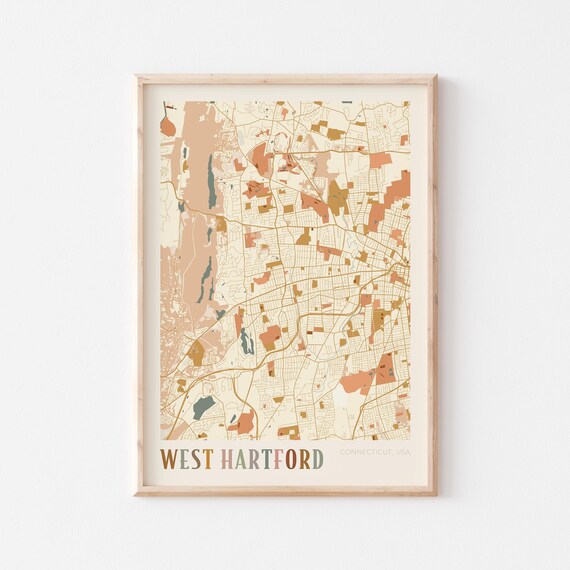West Hartford Connecticut Colorful Retro City Street Map Poster