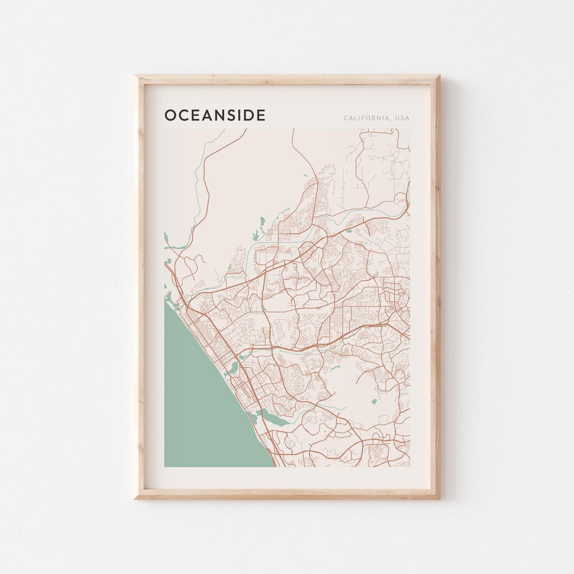 Oceanside California Minimalist Street Map Poster in Blush and Sage