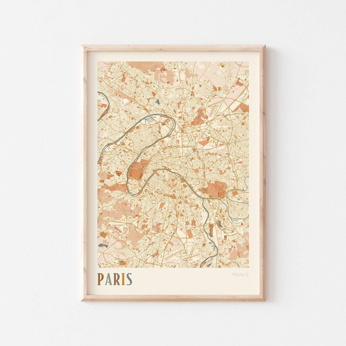 Paris France Minimalist Street Map Poster in Boho Neutral Tones