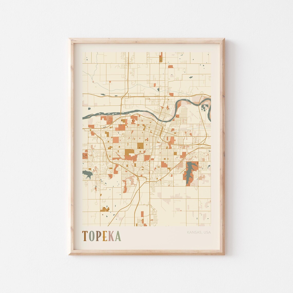 Topeka Kansas City Map Poster Earth Tone Boho Minimalist Map Wall Decor Gift