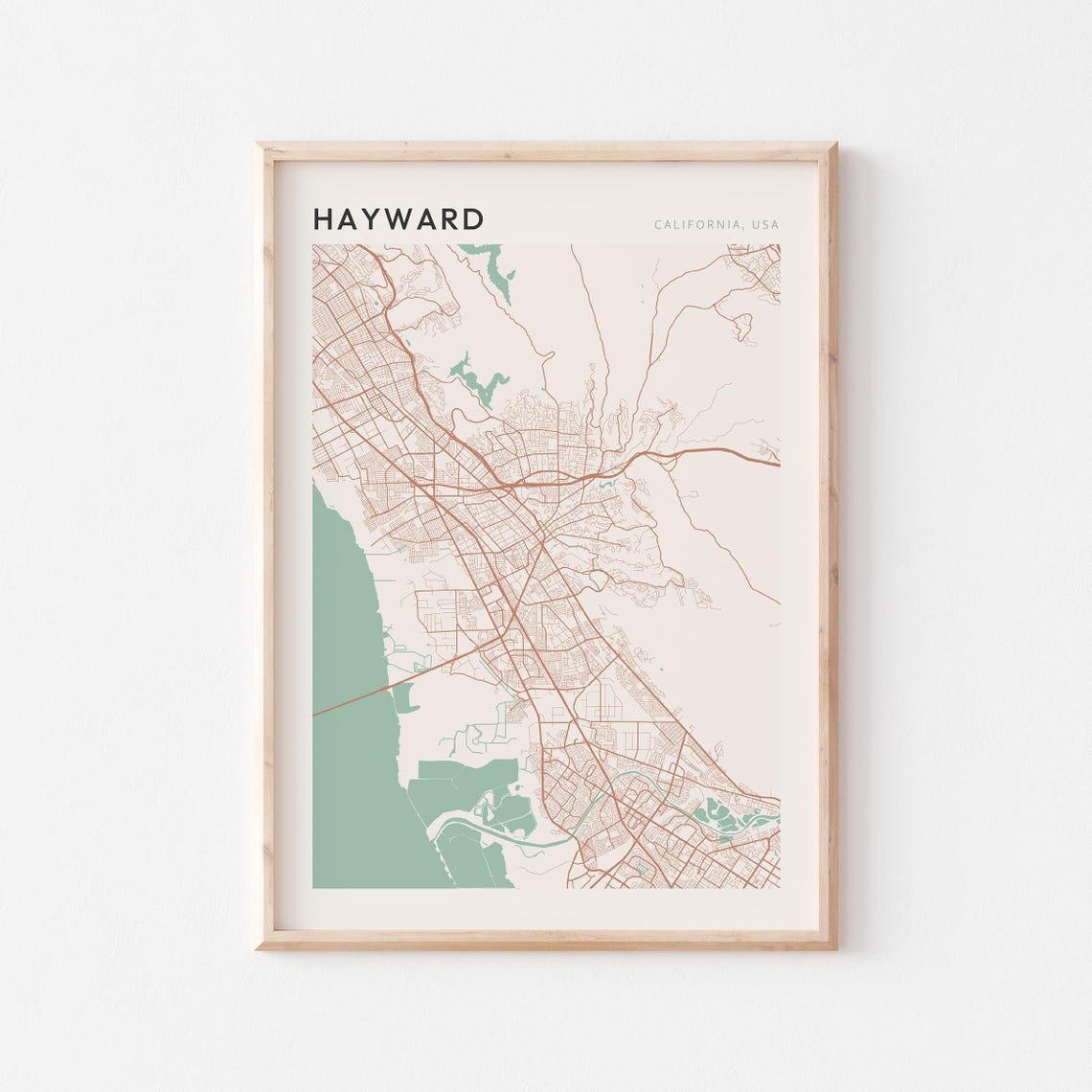 Hayward California Minimalist Street Map Poster in Blush and Sage