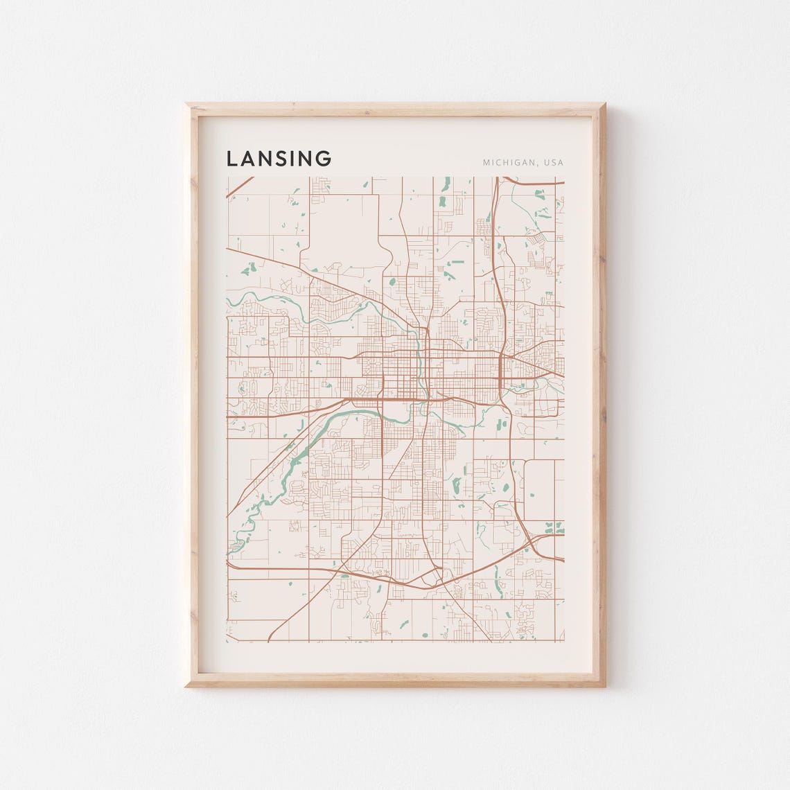 Lansing Michigan USA Soft Sage Minimalist Modern Street Map Poster