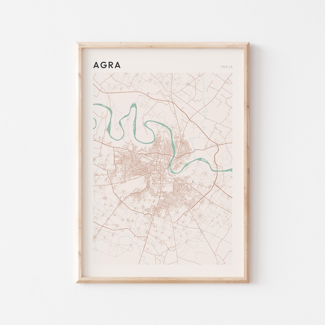 Agra India City Map Poster Minimalist Teal River Street Plan Wall Decor