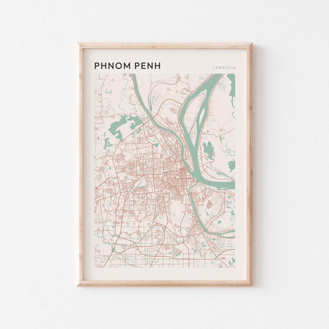 Phnom Penh City Street Map Cambodia Minimalist Scandi Wall Art