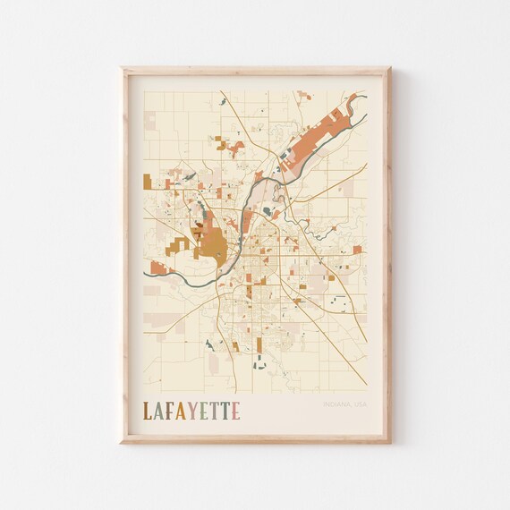 Lafayette Indiana Colorful Vintage City Map Cartography Poster