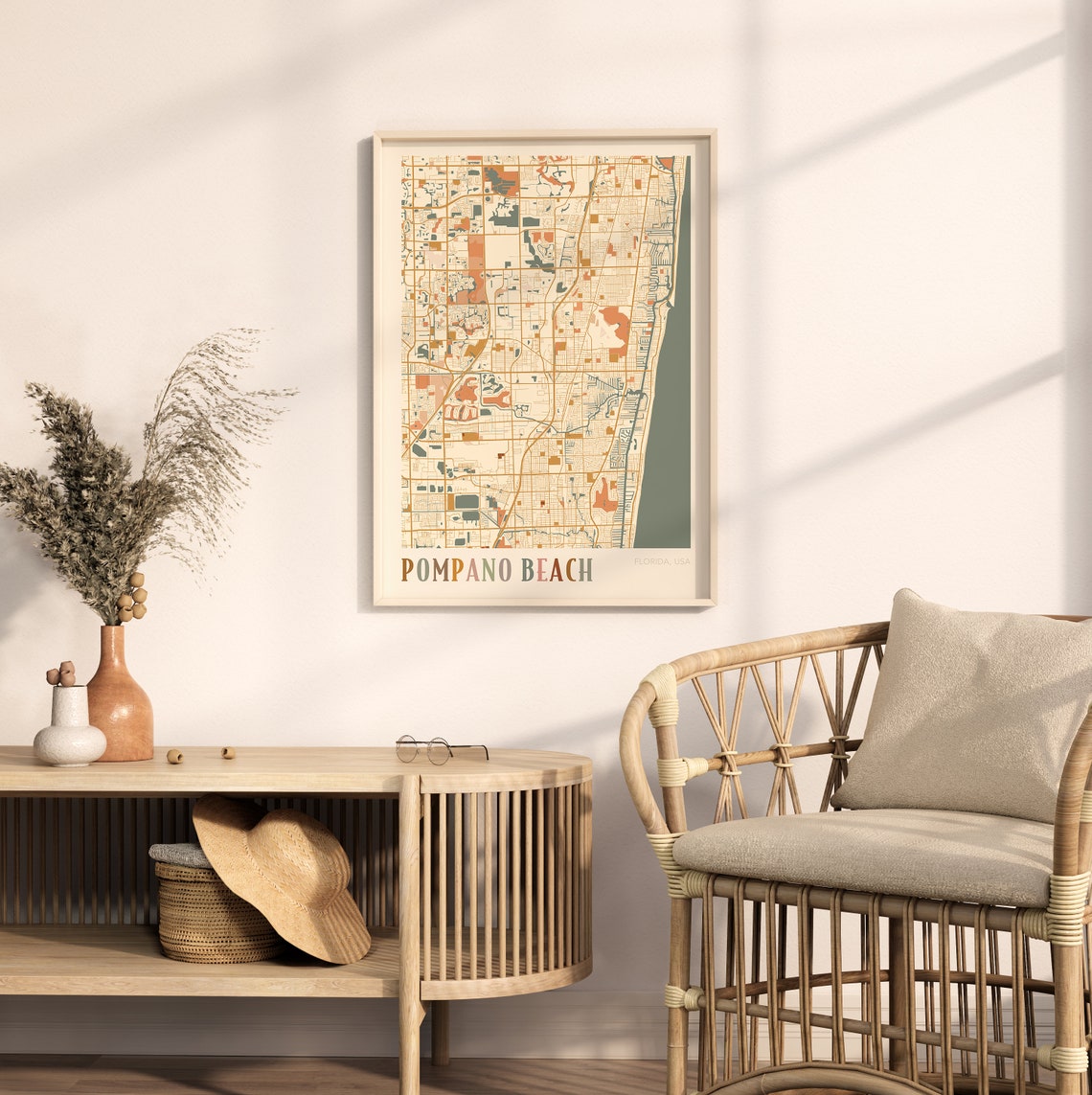 Pompano Beach Florida City Map Poster Warm Retro Street Map Home Decor - Image 2