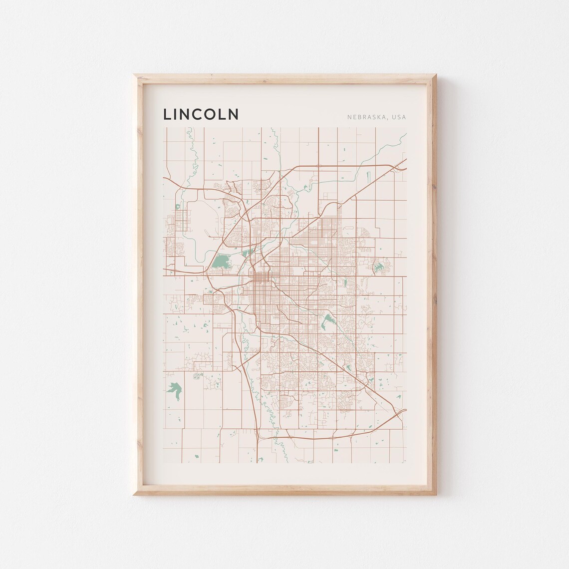 Lincoln Nebraska Street Map Poster in Warm Brown Sage and Cream Tones