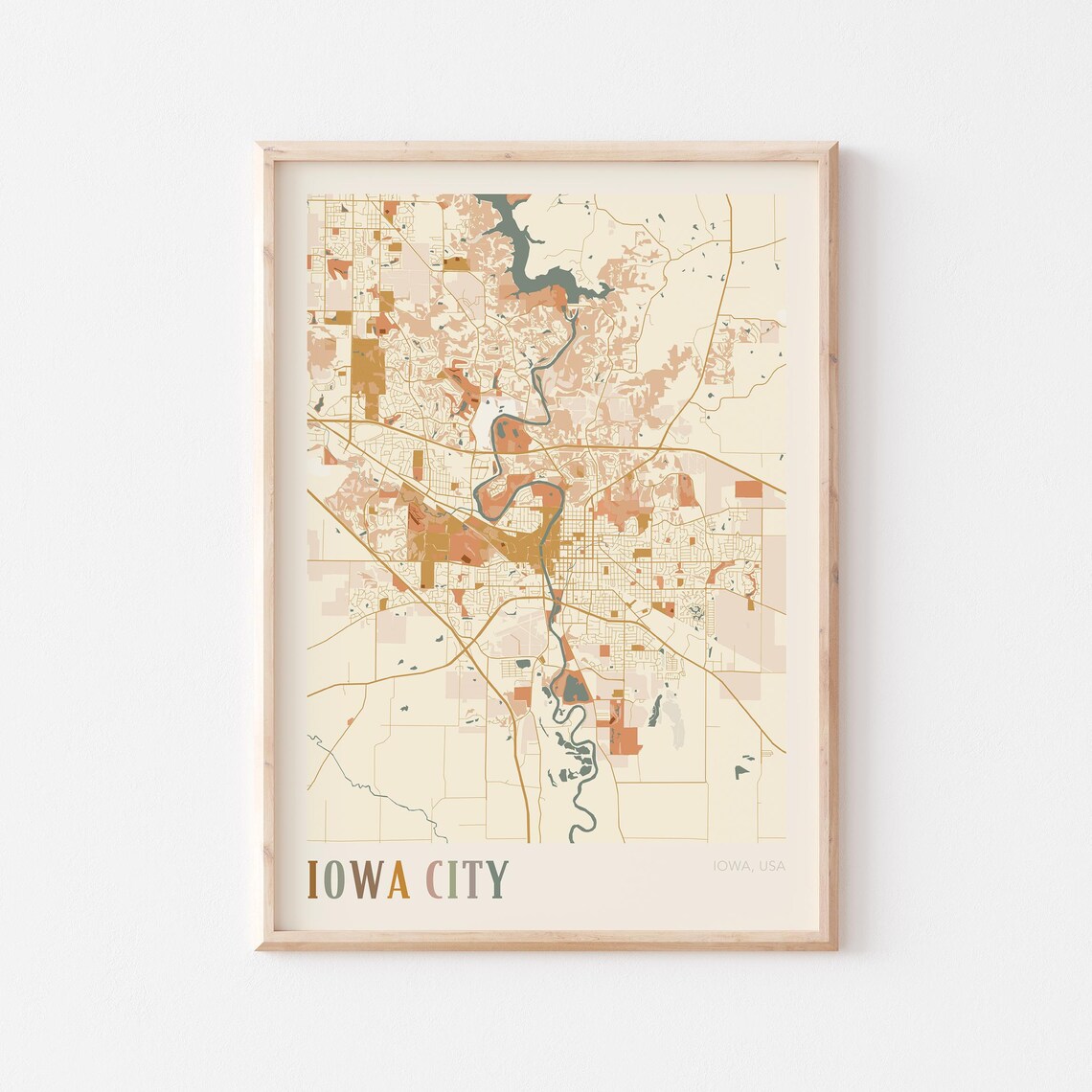 Iowa City Iowa City Map Poster Earth Tone Boho Minimalist Map Wall Decor Gift