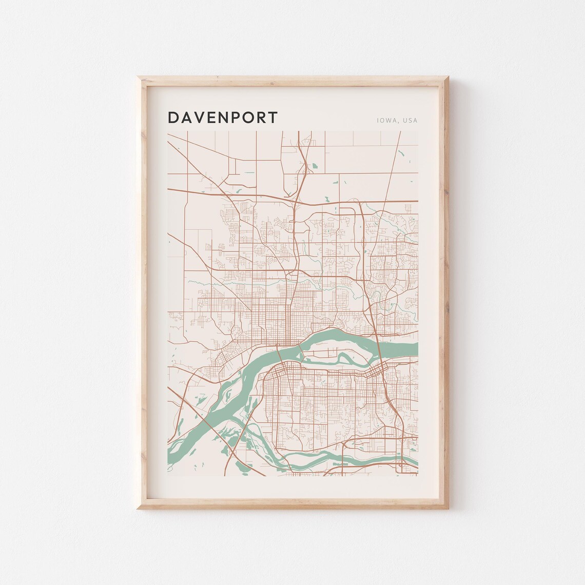 Davenport Iowa City Map Poster Minimalist Line Art Modern Wall Decor Gift