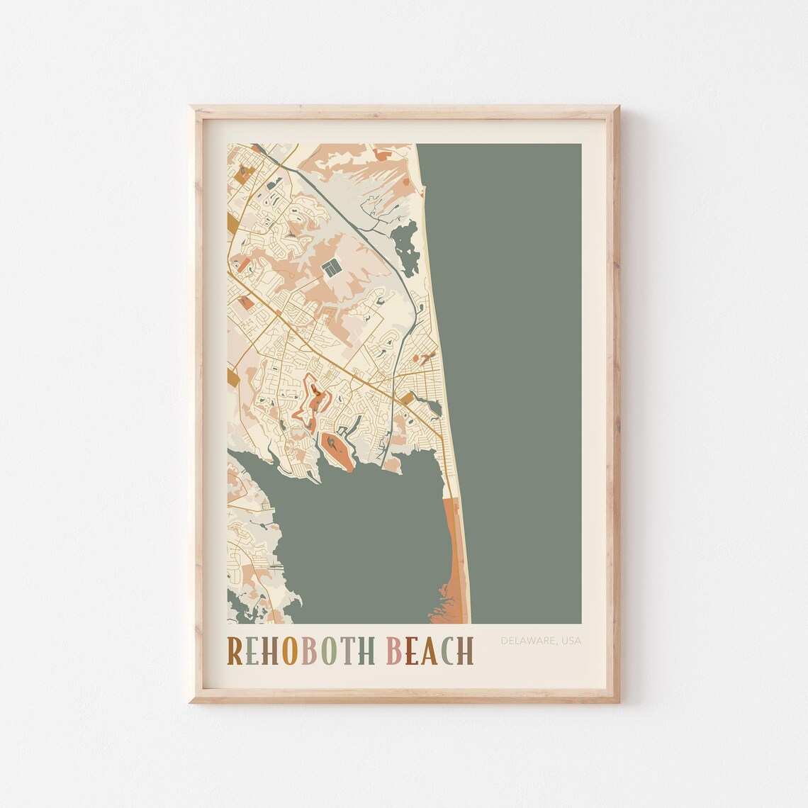 Rehoboth Beach Delaware Colorful Modern Boho City Street Map Decor Poster
