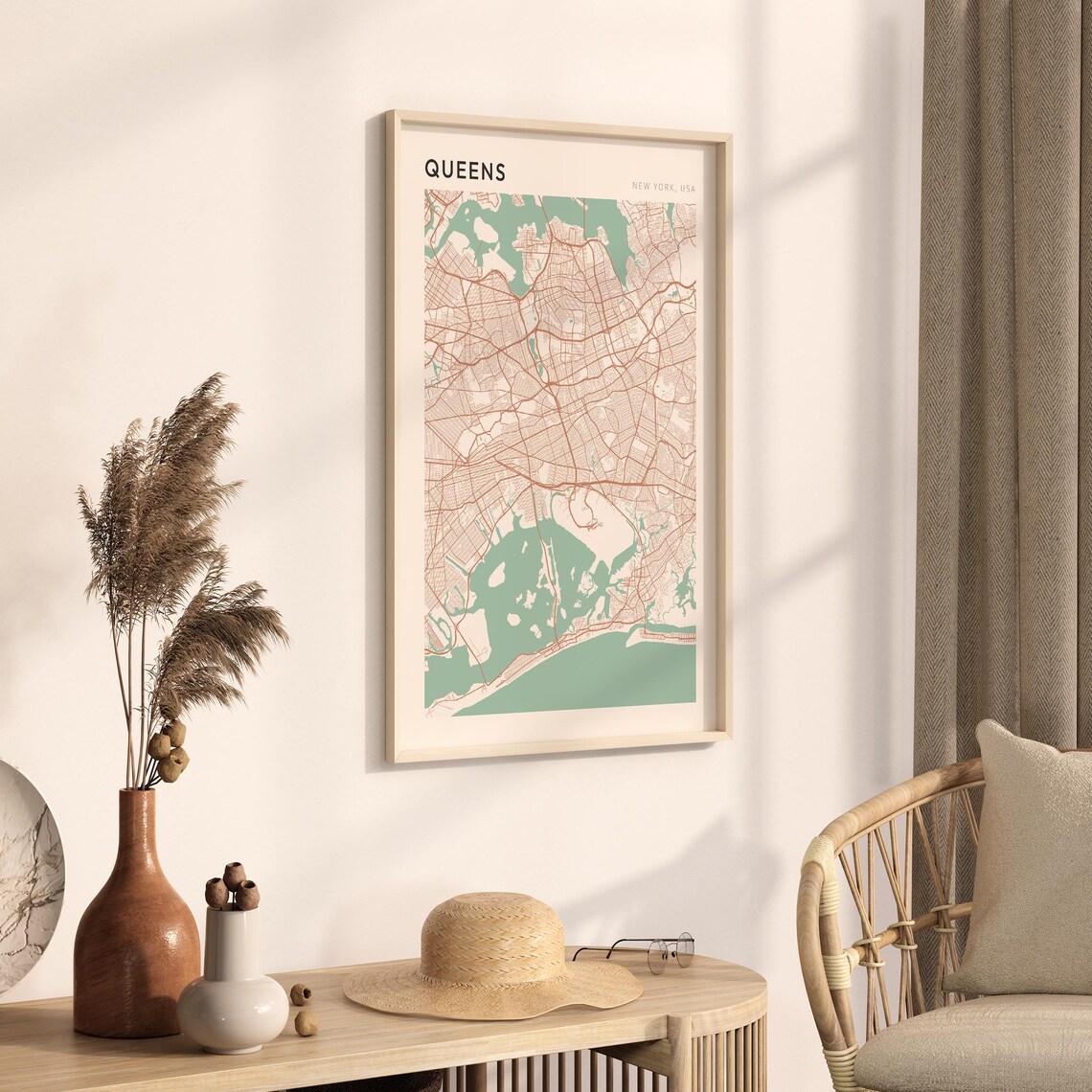 Queens New York USA Modern Beige Minimal City Street Map Poster - Image 3