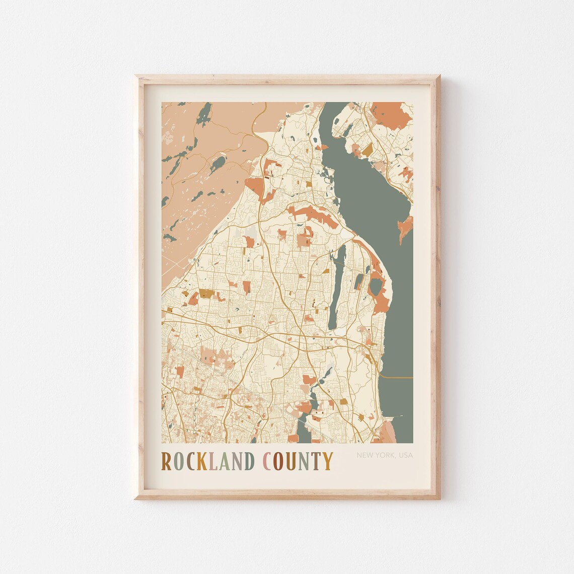 Rockland County New York USA Warm Vintage Beige City Street Map Art Poster