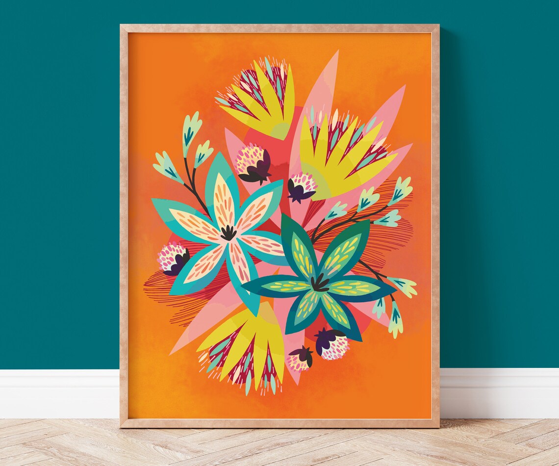 Pink Orange Flower Art Print, Boho Tropical Decor