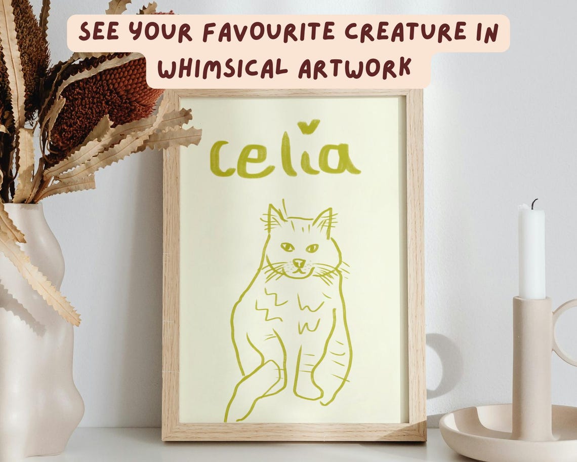 Emma the Cat Custom Name Blue Cat Doodle Minimal Cat Wall Art - Image 5
