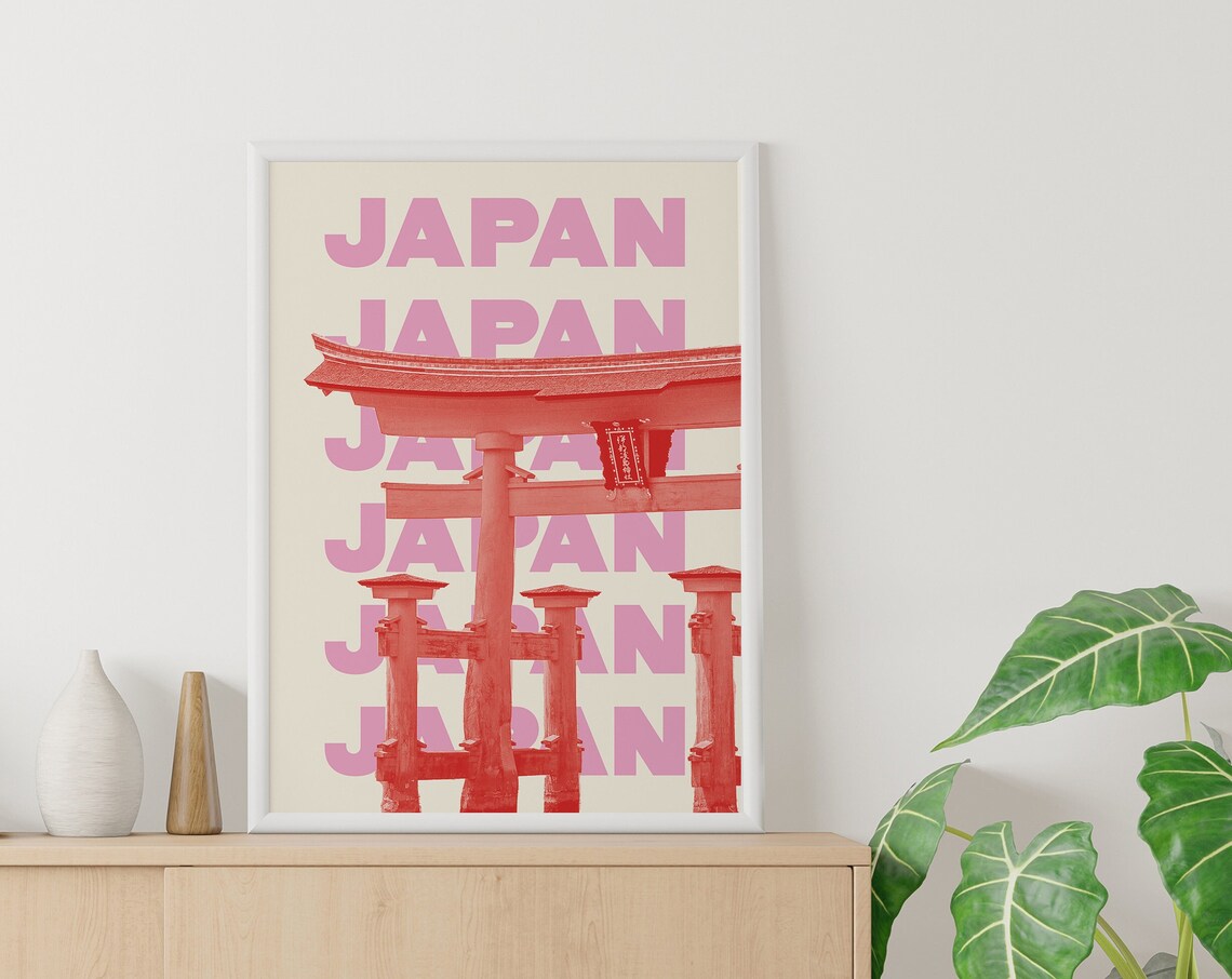 Japan Red Torii Gate Poster with Pink Repeated Typography Travel Art - Image 5