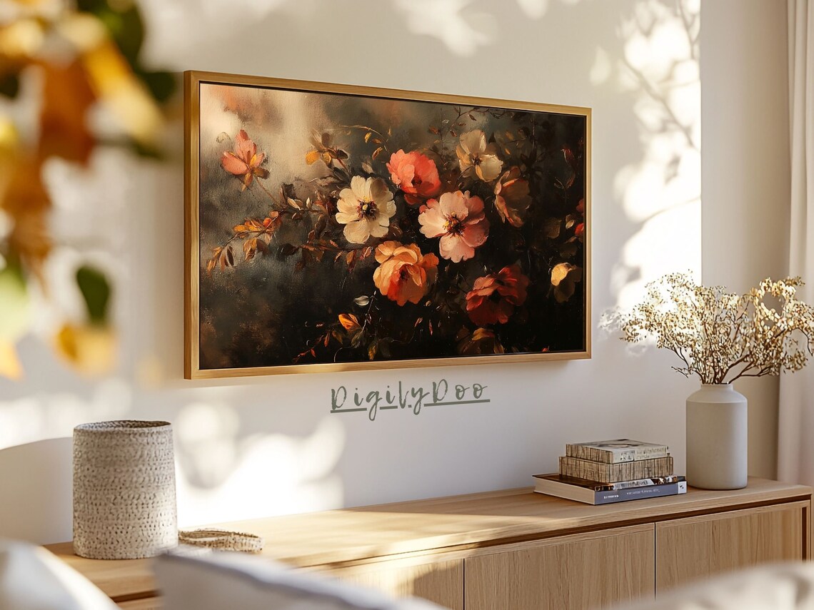 Moody Floral Still Life Vintage Oil Painting Pink Bloom Art Poster - Image 3