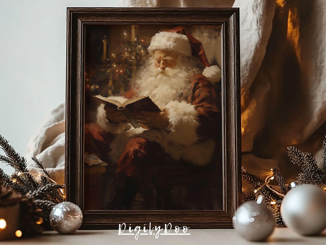 Rustic Santa Claus Reading Book Vintage Christmas Art Print
