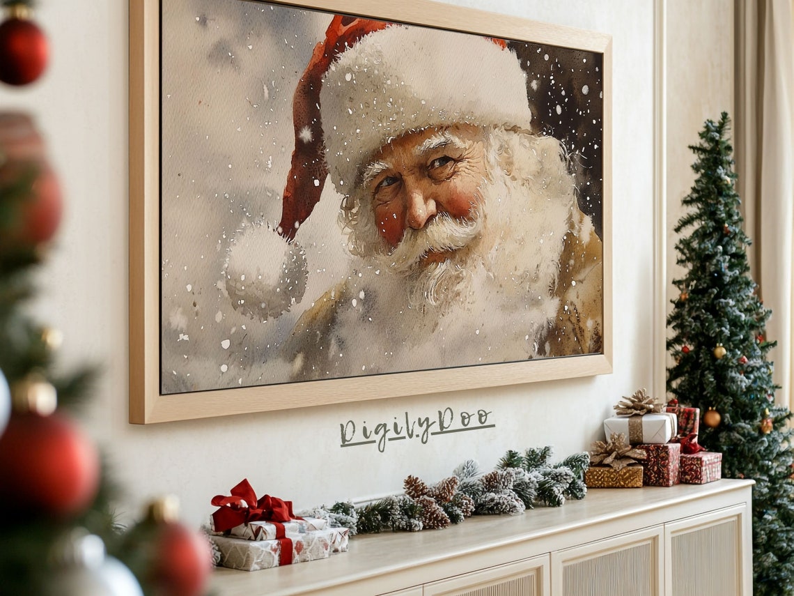 Smiling Santa Claus Watercolor Face Snowfall Holiday Decor Poster - Image 3