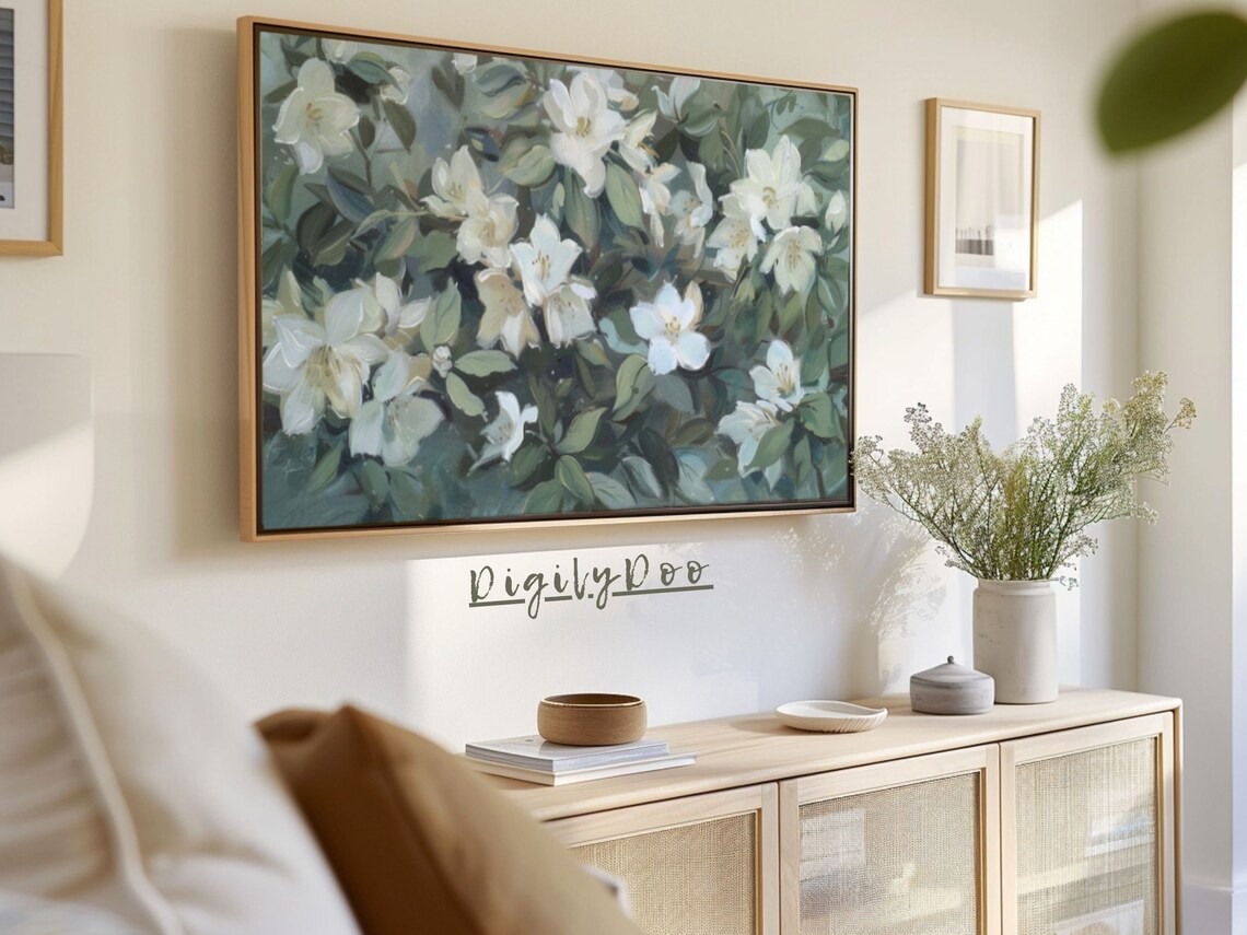 Lush White Blossoms Deep Green Leaves Floral Oil Frame TV Print - Image 3