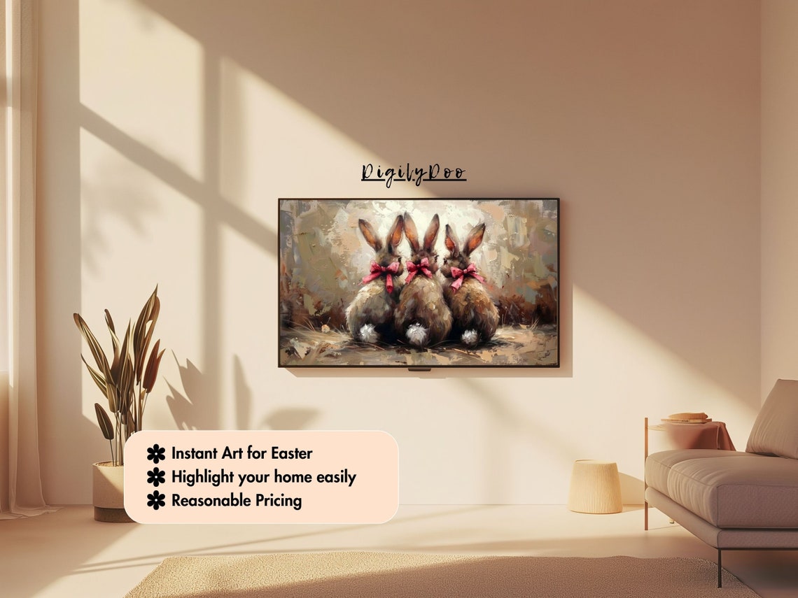 Easter Frame Tv Art Cute Easter Bunny Trio Red Ribbon Tv Art Neutral Vintage Tiny Rabbit Painting Spring Decor - Image 3
