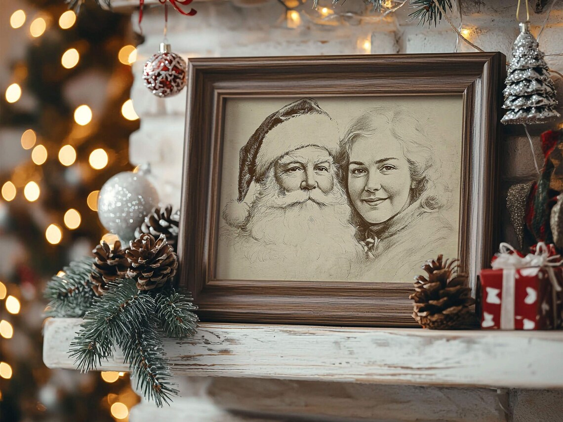 Santa Claus Woman Portrait Antique Pencil Sketch Holiday Home Poster - Image 3