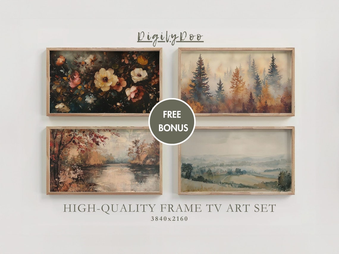Cozy Autumn Landscapes Florals 4 Piece Fall Frame TV Set Print