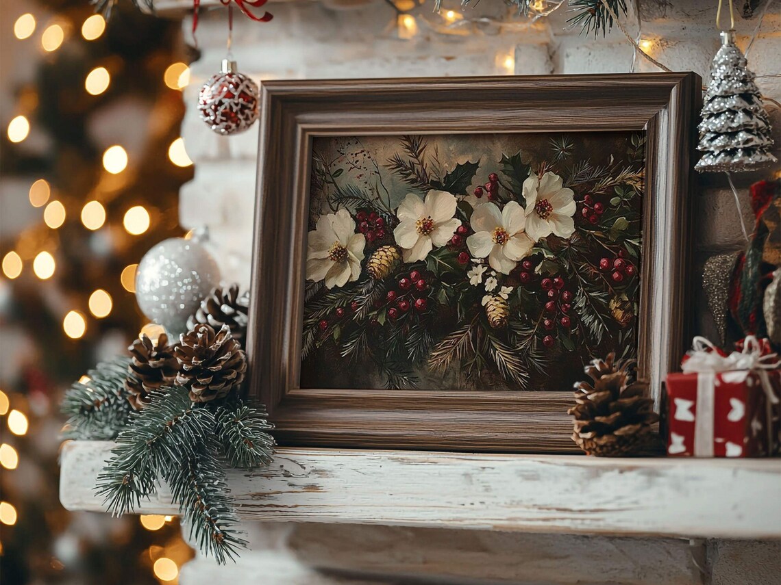 White Winter Flowers Red Berries Christmas Botanical Painting Poster - Image 3