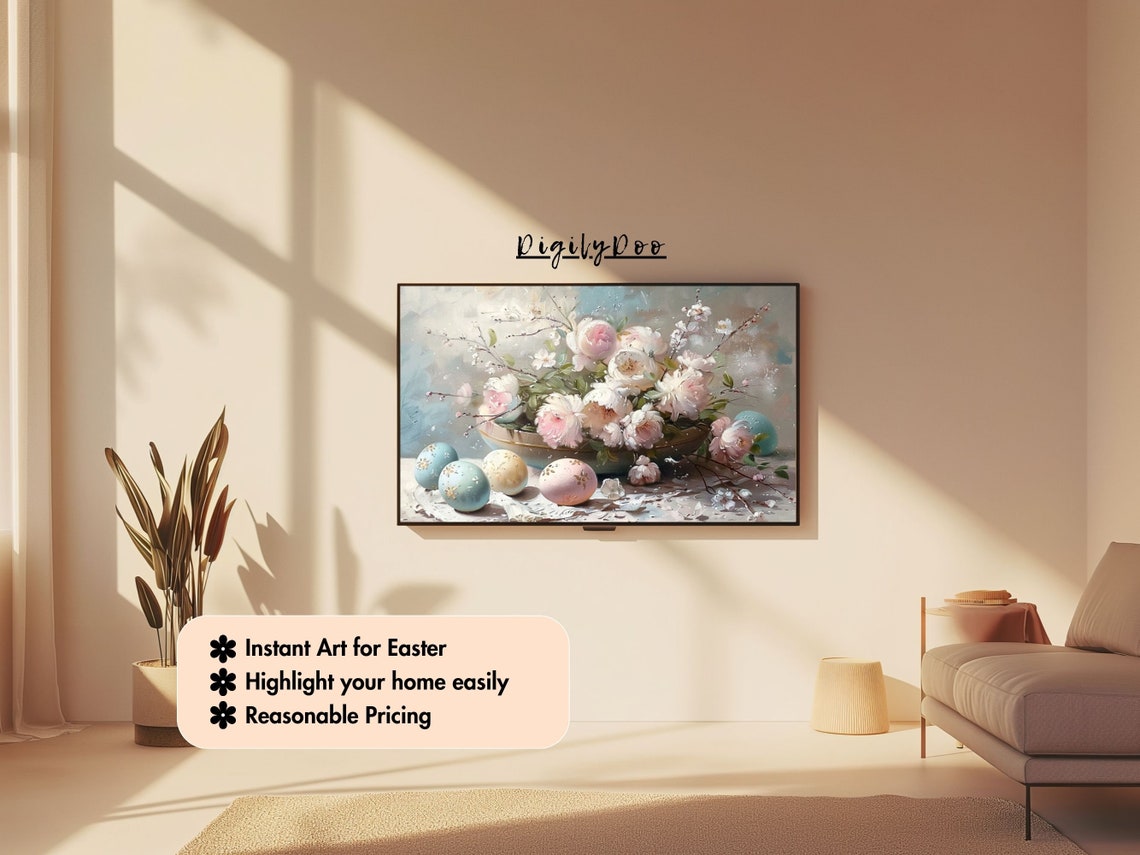 Blush Pink Peonies Bowl Painted Easter Eggs Spring Frame TV Print - Image 3