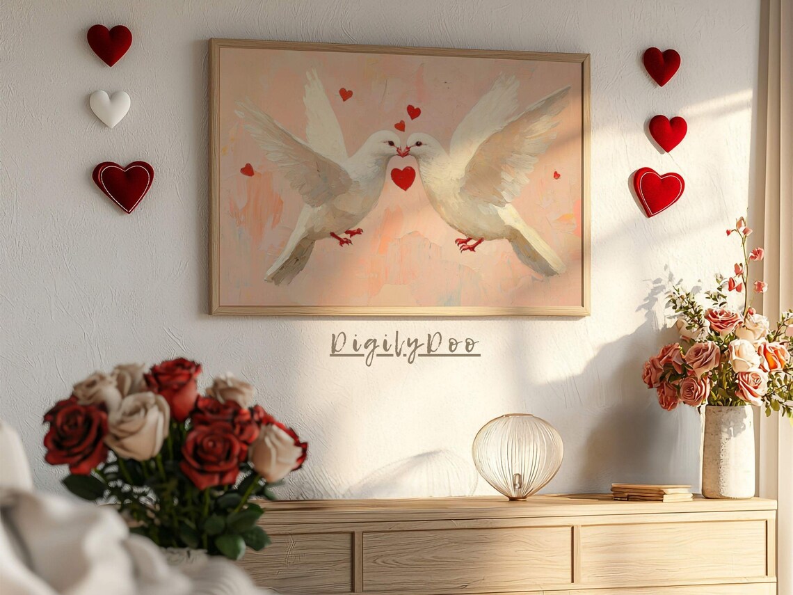 White Doves Kissing Red Hearts Romantic Valentine's Wall Art Print - Image 3