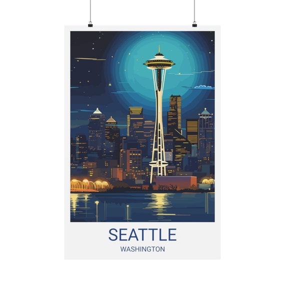 Seattle Washington Space Needle Night Skyline Modern Travel Poster