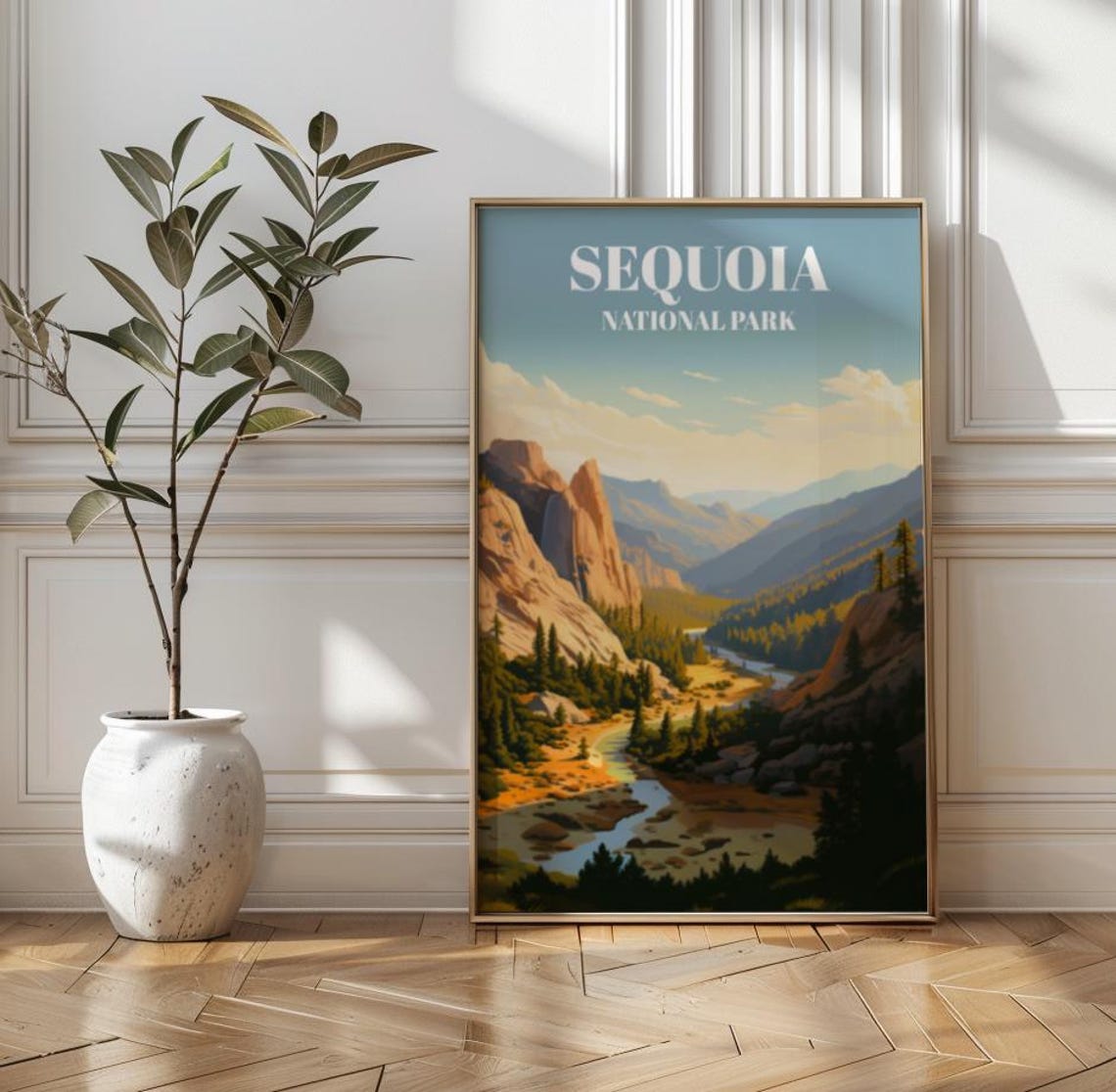 Sequoia National Park Vintage Style Mountain Valley Travel Poster