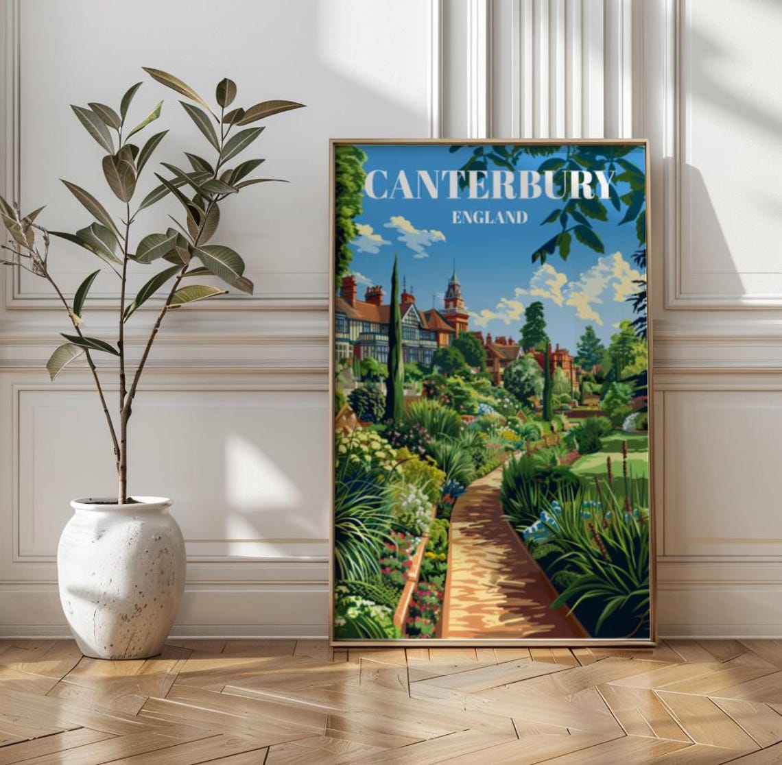 Beautiful Canterbury England Historic Gardens Town Travel Poster