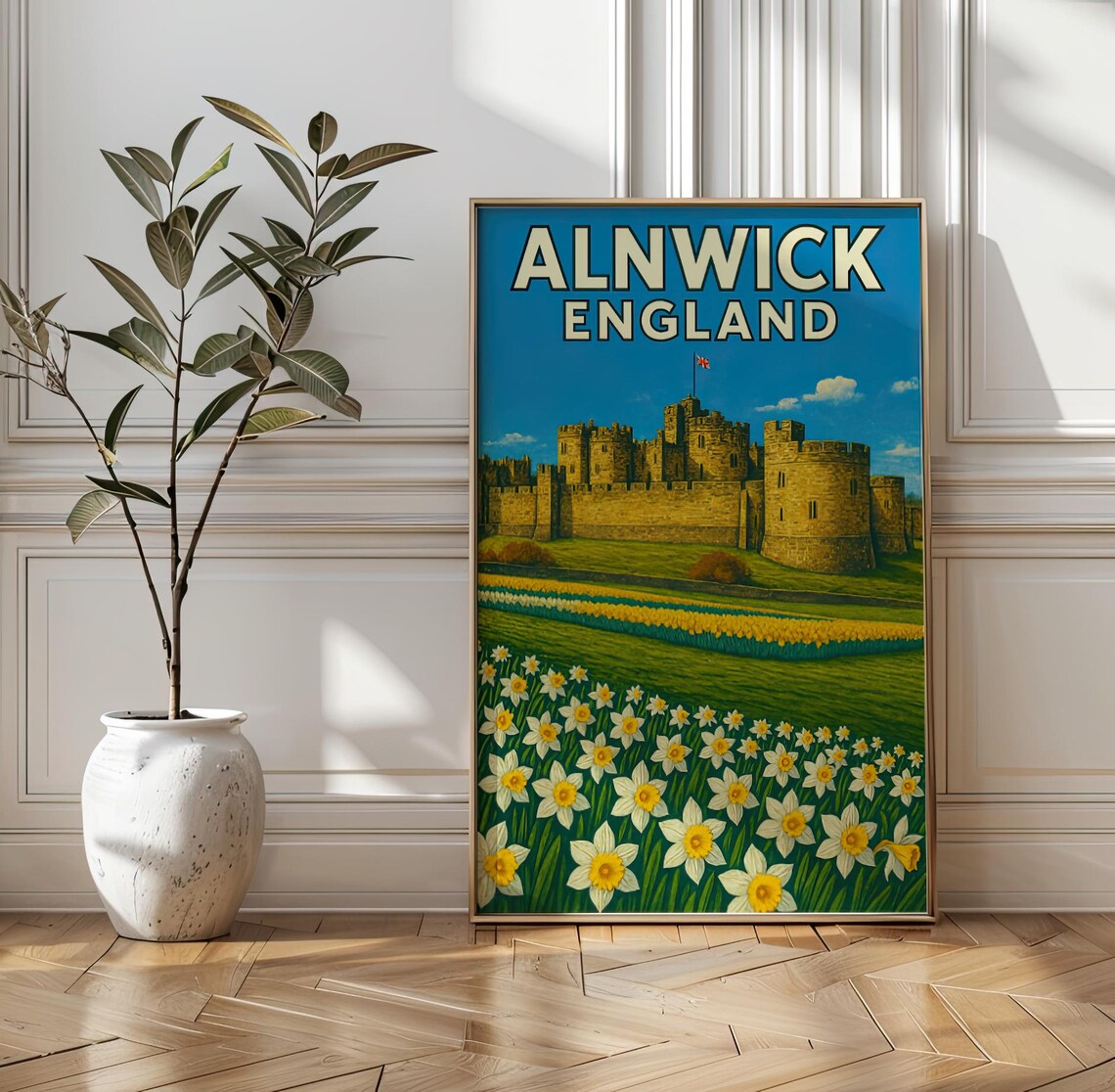 Alnwick England Castle Travel Poster Vintage Daffodil Field Art