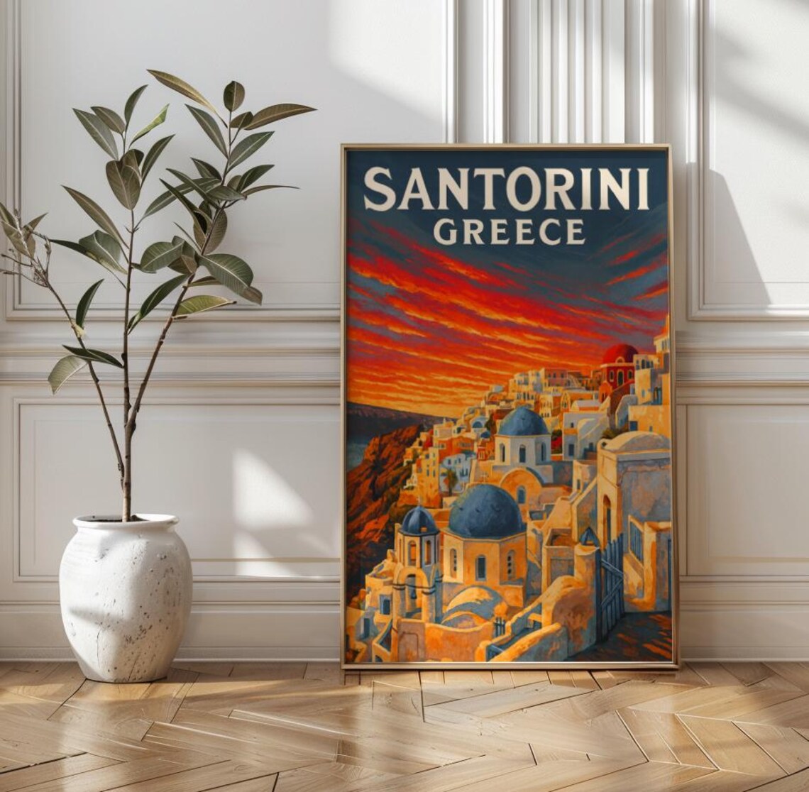Santorini Sunset Greece Island Dusk Fiery Sky Vintage Travel Poster