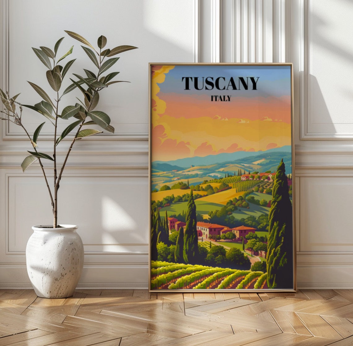 Tuscany Italy Vineyard Sunset Rolling Hills Vintage Travel Poster