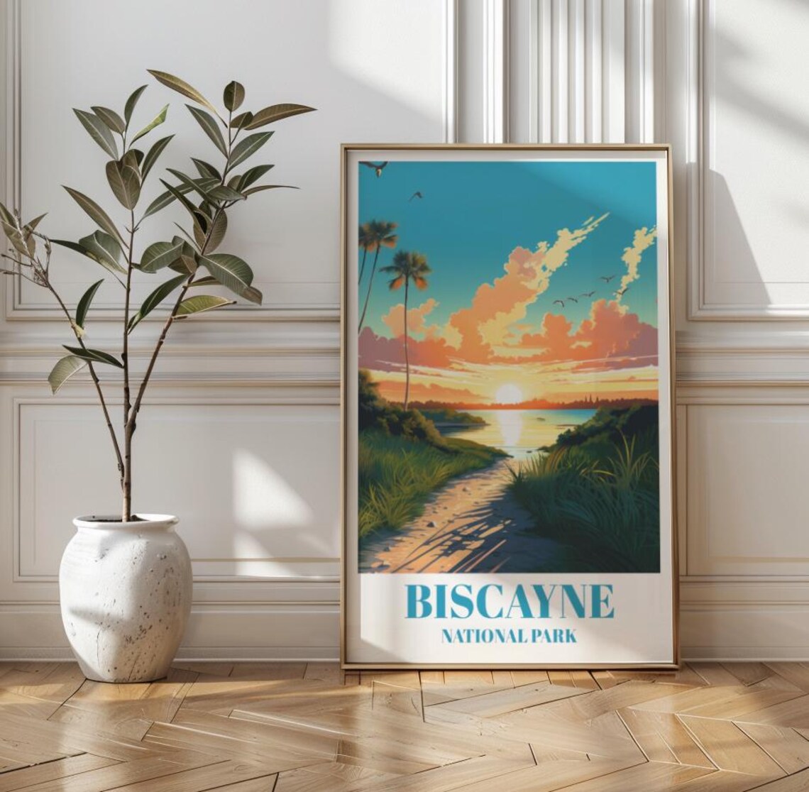 Biscayne National Park Florida Sunset Beach Palms Travel Poster