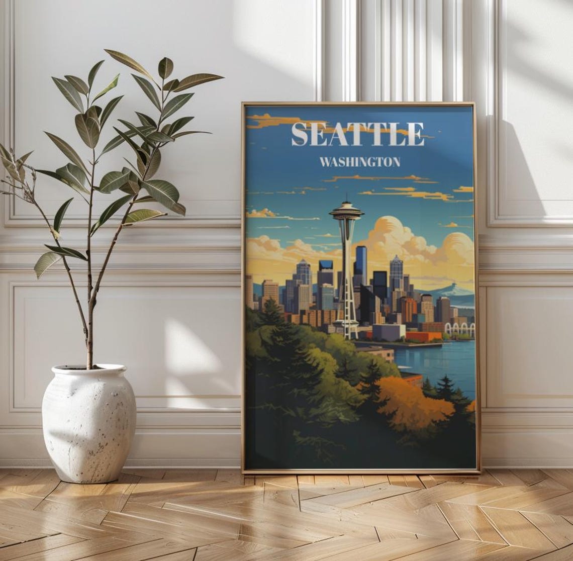 Seattle Washington Cityscape Travel Poster Space Needle Skyline Art