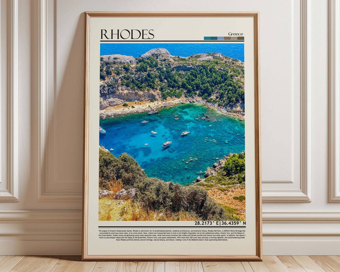 Rhodes Greece Travel Poster Turquoise Cove Aerial Photography