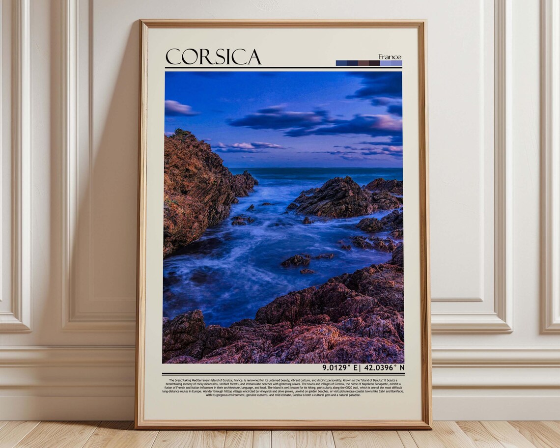 Corsica France Rocky Mediterranean Coastline Dusk Waves Travel Poster