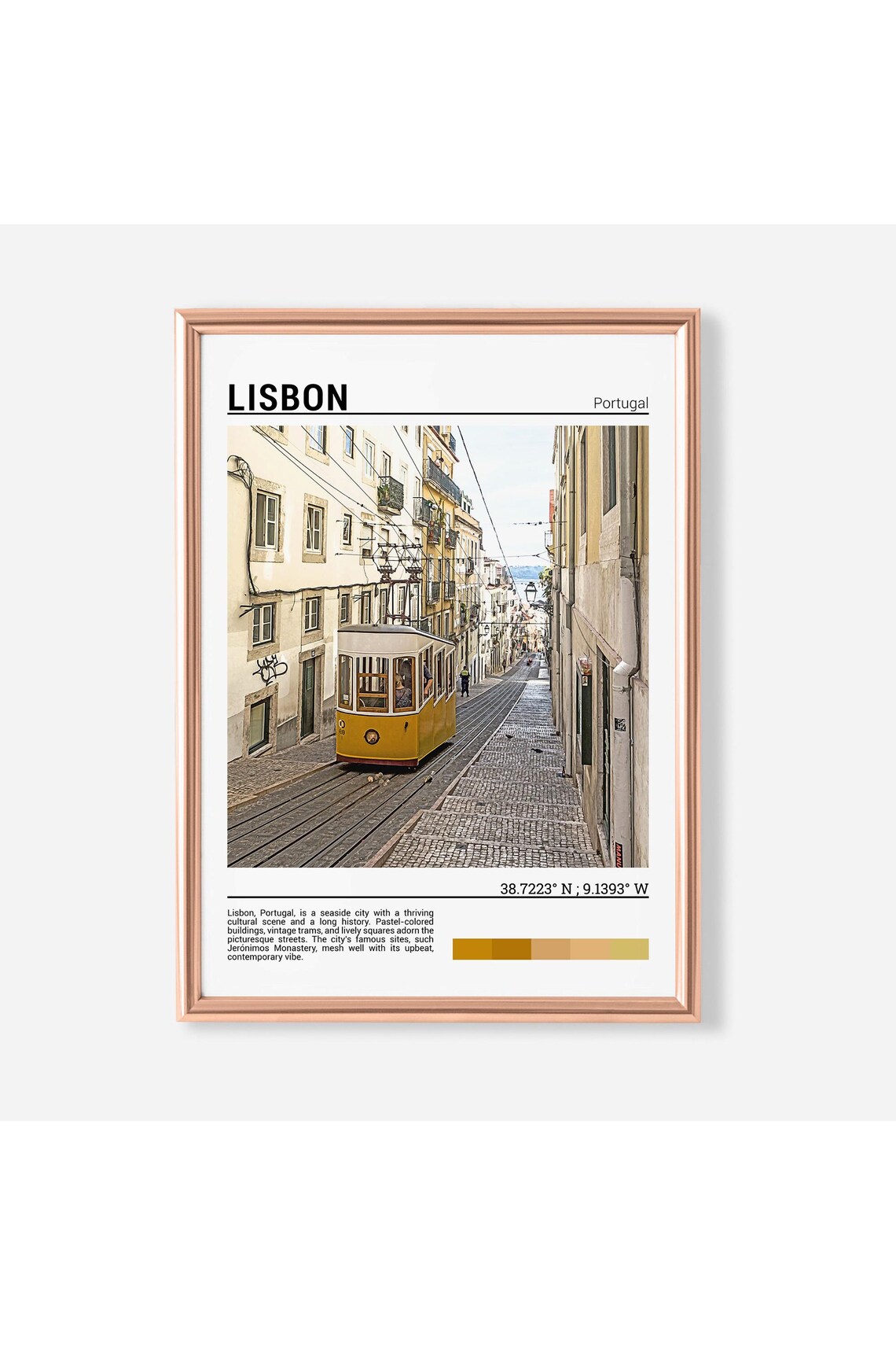 Lisbon Portugal Vintage Yellow Tram Cobblestone Street Poster