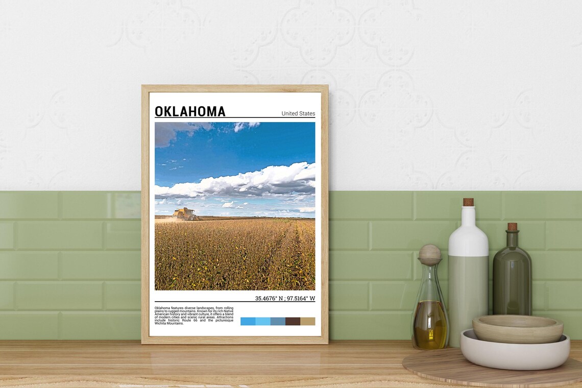 Oklahoma Wheat Field Harvest Combine Golden Plains Travel Photo Poster - Image 3